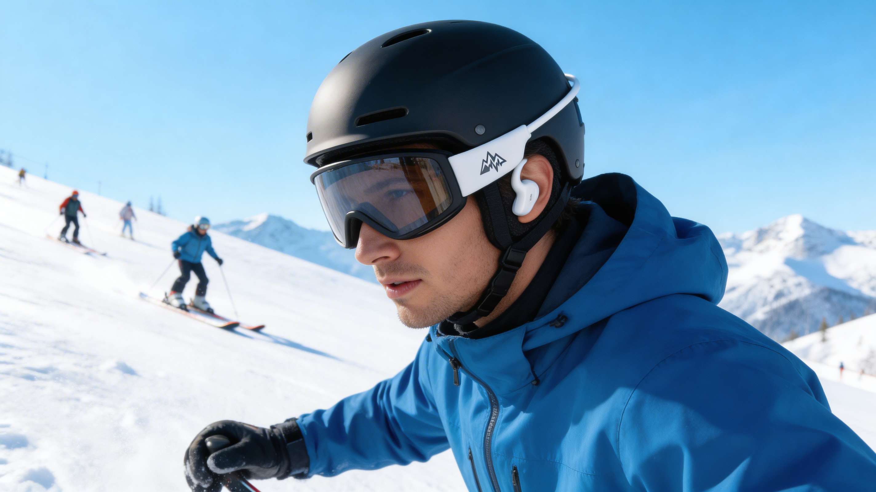 Skifahrer mit schwarzem Helm und Snowpodz ONE Bone-Conduction-Kopfhörern auf sonniger Alpenpiste – andere Skifahrer im Hintergrund sichtbar, sicheres und situationsbewusstes Fahren