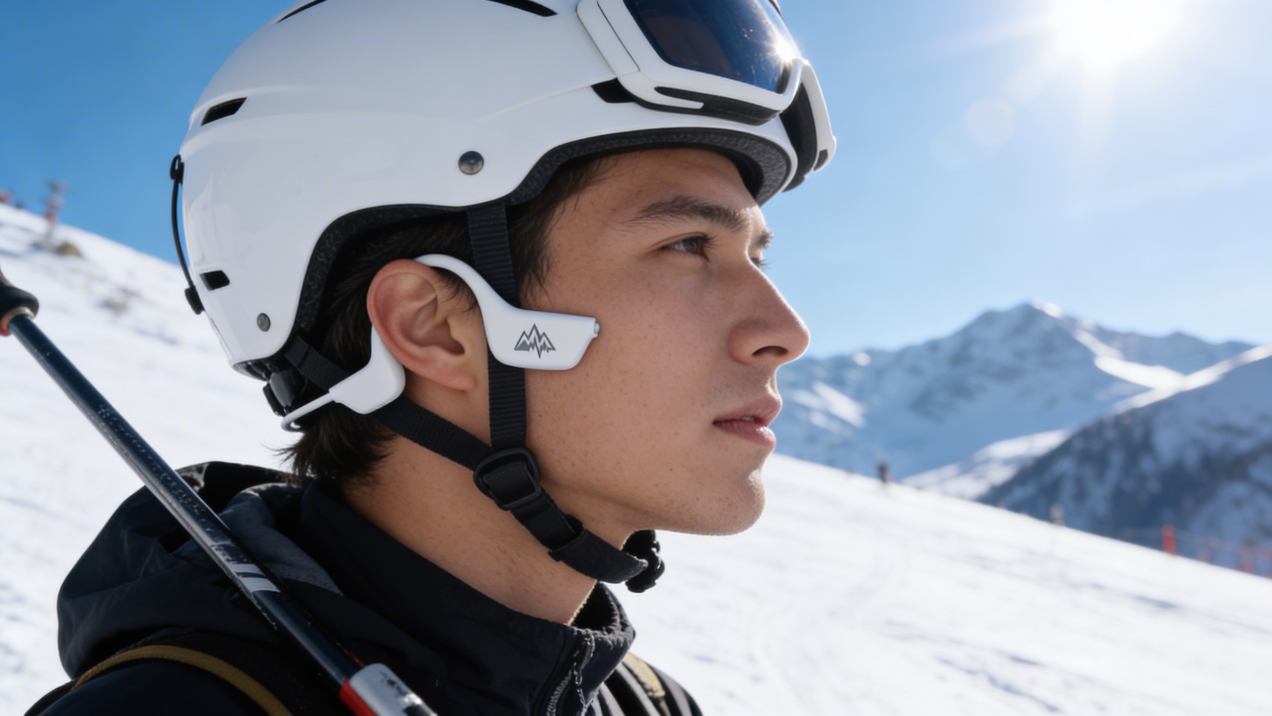 Skifahrer im Seitenprofil mit weißem Helm und Snowpodz ONE Bone-Conduction-Kopfhörern sichtbar an der Wange – Vergleich In-Ear vs. Bone Conduction unter dem Skihelm