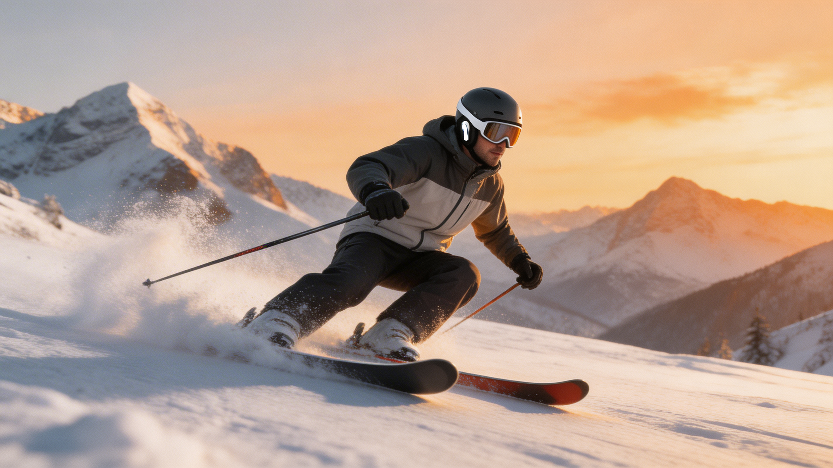 Skifahrer mit Snowpodz ONE Bone-Conduction-Kopfhörern carving durch Pulverschnee in den Alpen bei goldenem Sonnenuntergang