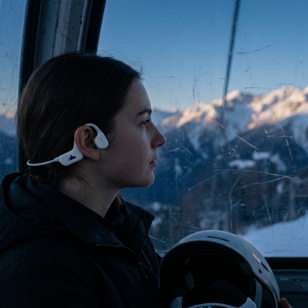 Riderin mit Snowpodz ONE in der Gondel bei Sonnenaufgang